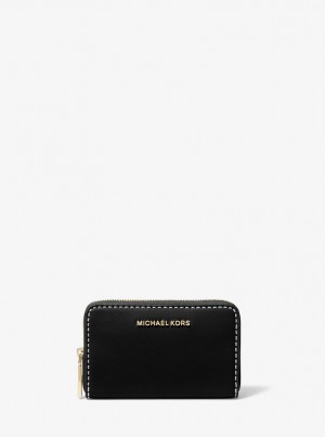 Michael Kors Jet Set Small Topstitched Leather Wallet Geldbörse Damen Schwarz | UN0147692