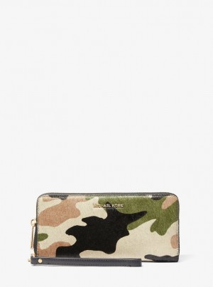 Michael Kors Jet Set Travel Large Camouflage Print Calf Hair Continental Wallet Geldbörse Damen Olivgrün Mehrfarbig | XR2645879