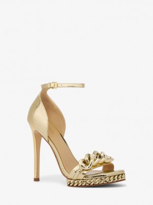 Michael Kors Jordyn Embellished Metallic Snake Embossed Leather Platform Sandal Sandalen Damen Gold | FS6123945