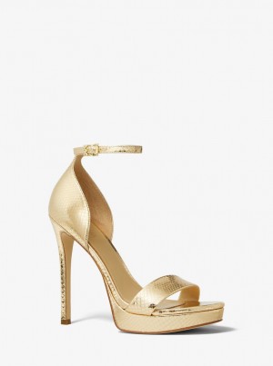 Michael Kors Jordyn Metallic Snake Embossed Leather Platform Sandal Sandalen Damen Gold | EX1423098