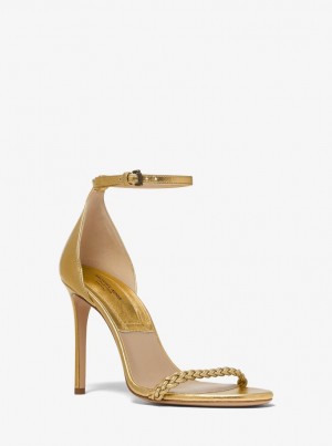 Michael Kors Joslyn Metallic Leather Sandal Sandalen Damen Antique Brass | QV3714508