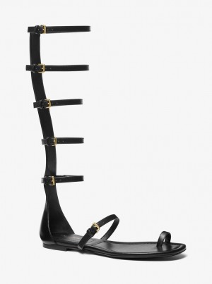 Michael Kors Juliette Leather Gladiator Sandal Flache Schuhe Damen Schwarz | VT9408156