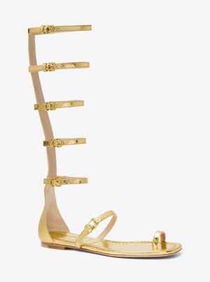 Michael Kors Juliette Metallic Python Embossed Leather Gladiator Sandal Flache Schuhe Damen Gold | OQ0769125
