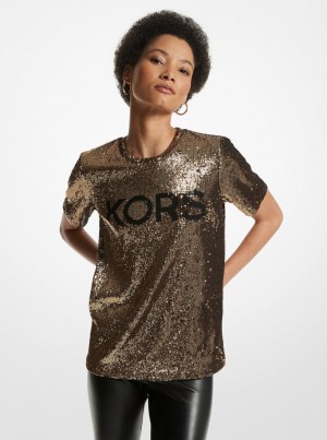Michael Kors KORS Sequined Stretch Tulle T-Shirt T-shirts Damen Schwarz Gold | OQ4128697