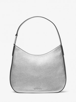 Michael Kors Kensington Large Metallic Leather Hobo Shoulder Bag Schultertasche Damen Silber | OT7385046