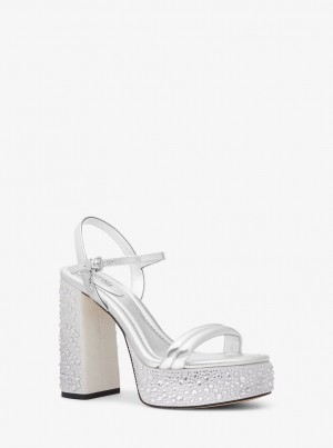 Michael Kors Laci Embellished Metallic Leather Platform Sandal Plateauschuhe Damen Silber | FS4270638