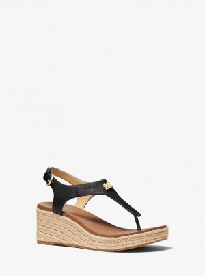 Michael Kors Laney Saffiano Leather Espadrille Wedge Sandal Keilabsatz Damen Schwarz | ZT9182036