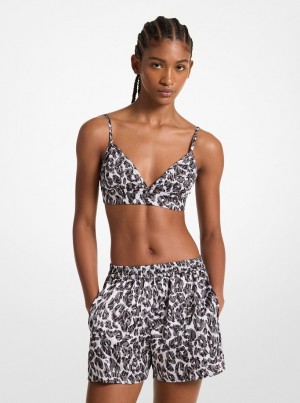 Michael Kors Leopard Logo Print Satin Bra Top Oberteile Damen Grau | PC7382094