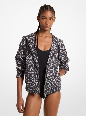 Michael Kors Leopard Logo Print Woven Zip-Up Hoodie Pullover Damen Grau | SU1356029