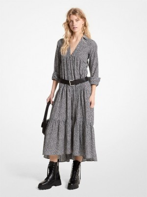 Michael Kors Leopard Print Cotton and Silk Tiered Midi Dress Kleid Damen Grau | HG5936012