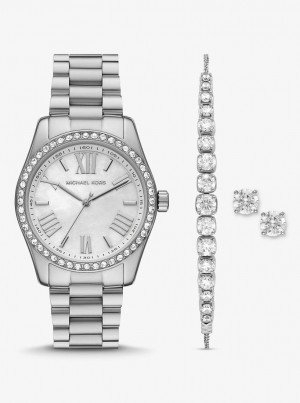 Michael Kors Lexington Pave Silver-Tone Watch and Bracelet Set Silver-tone Damen Silber | VK9631028