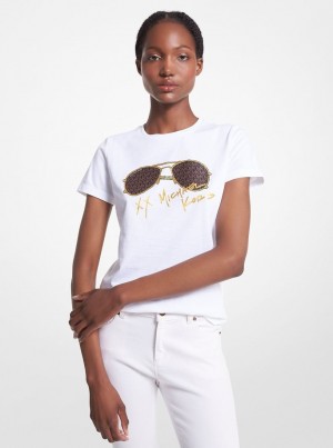 Michael Kors Logo Aviator Print Organic Cotton T-Shirt Hemd Damen Weiß | IP3528960