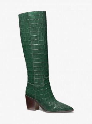 Michael Kors Loni Crocodile Embossed Leather Boot Stiefel Damen Moss | XF4329071