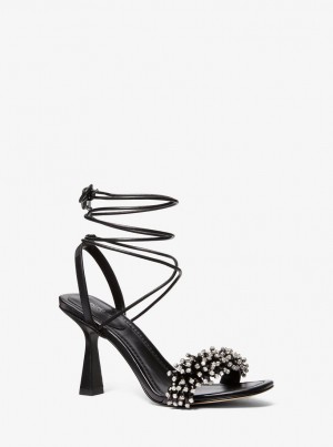 Michael Kors Lucia Embellished Leather Sandal Sandalen Damen Schwarz | WU2560914