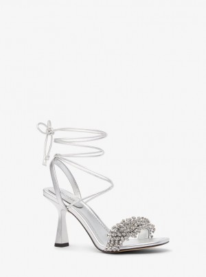 Michael Kors Lucia Embellished Metallic Leather Sandal Sandalen Damen Silber | SK4279618