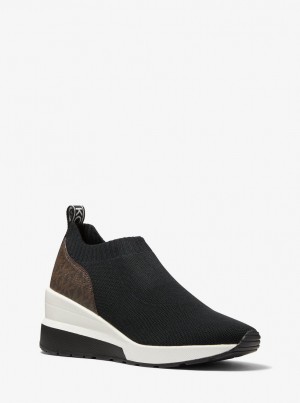 Michael Kors Mabel Stretch Knit and Signature Logo Slip-On Trainer Sneakers Damen Schwarz | UF7914852
