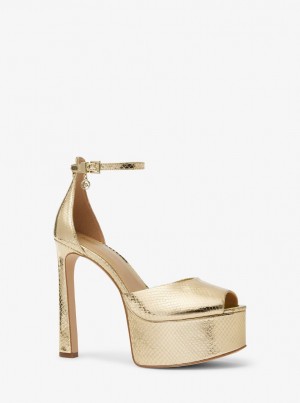 Michael Kors Martina Metallic Snake Embossed Leather Peep-Toe Platform Pump Sandalen Damen Gold | GX5208167