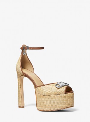 Michael Kors Martina Straw Peep-Toe Platform Pump Pumps Damen Beige | ZA8792641