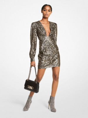 Michael Kors Metallic Leopard Clip Jacquard Dress Kleid Damen Schwarz Gold | HJ7054986