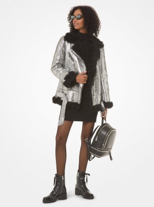 Michael Kors Metallic Shearling Coat Jacken Damen Schwarz Silber | OA8917405