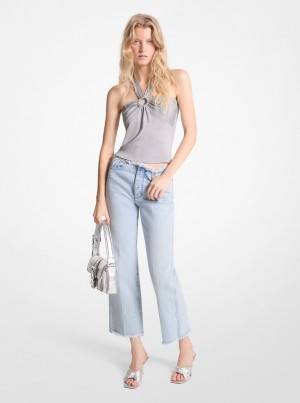 Michael Kors Metallic Stretch Knit Cutout Halter Tank Oberteile Damen Silber | JX8730154