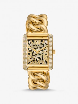 Michael Kors Mini Emery Animal Pave Gold-Tone Curb Link Watch Gold-tone Damen Gold | DX7048563