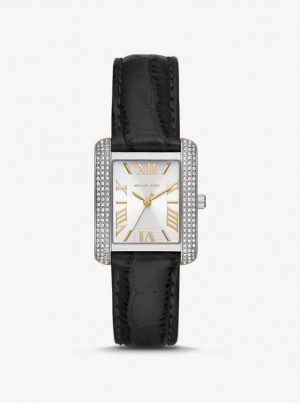 Michael Kors Mini Emery Pave Silver-Tone and Crocodile Embossed Leather Watch Silver-tone Damen Schwarz | QU1907526