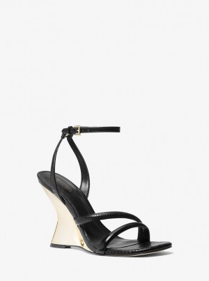 Michael Kors Nadina Lizard Embossed Leather Wedge Sandal Sandalen Damen Schwarz | HO0319528