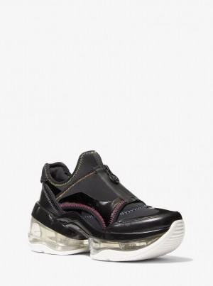Michael Kors Olympia Extreme Scuba and Leather Zip-Front Trainer Sneakers Damen Schwarz | TG6817209