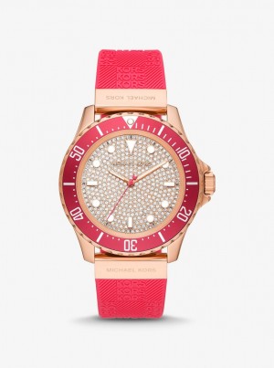 Michael Kors Oversized Slim Everest Pave Rose-Gold Tone and Embossed Silicone Watch Silicone Damen Rosa | FO9806743