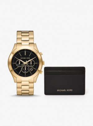 Michael Kors Oversized Slim Runway Watch and Card Case Gift Set Kartenhülle Herren Schwarz Gold | DL8290635