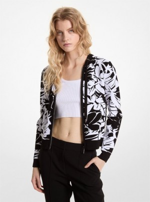 Michael Kors Palm Jacquard Zip-Up Hoodie Pullover Damen Schwarz Weiß | CR2985413
