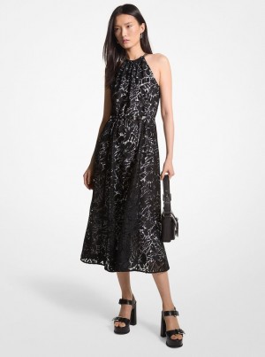 Michael Kors Palm Lace Belted Halter Dress Kleid Damen Schwarz | KT8753206