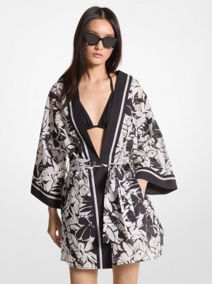 Michael Kors Palm Print Cotton Cover-Up Bademode Damen Schwarz Weiß | RH6947085