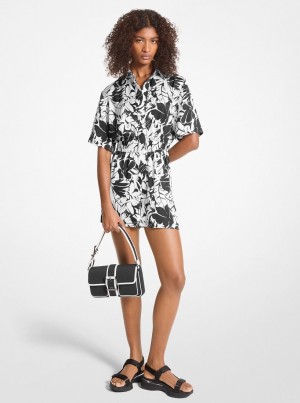 Michael Kors Palm Print Satin Romper Kleid Damen Schwarz Weiß | FN0791564