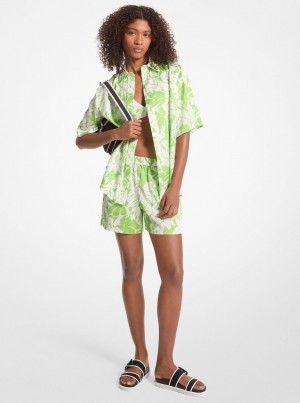 Michael Kors Palm Print Satin Shorts Kurze Hose Damen Grün | AX0976154