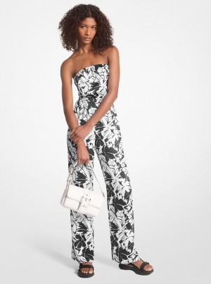 Michael Kors Palm Print Satin Tie-Back Jumpsuit Kleid Damen Schwarz Weiß | EM2930784