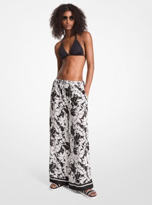 Michael Kors Palm Print Woven Wide-Leg Pants Bademode Damen Schwarz Weiß | VZ4739821