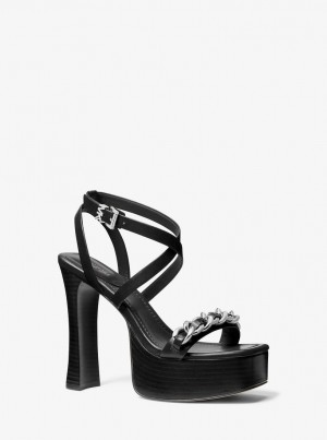 Michael Kors Paola Chain Embellished Leather Platform Sandal Sandalen Damen Schwarz | PE3215647