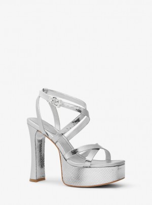 Michael Kors Paola Metallic Snake Embossed Leather Platform Sandal Sandalen Damen Silber | XO2016785