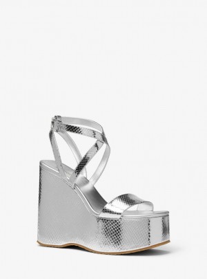 Michael Kors Paola Metallic Snake Embossed Leather Wedge Sandal Keilabsatz Damen Silber | KG7950312