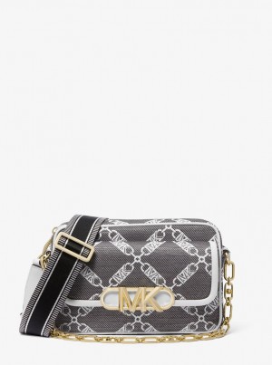Michael Kors Parker Medium Empire Logo Jacquard Crossbody Bag Umhängetasche Damen Schwarz Weiß | JE3052968