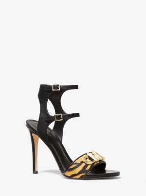 Michael Kors Parker Tiger Print Calf Hair and Leather Sandal Sandalen Damen Marigold | OQ9760524