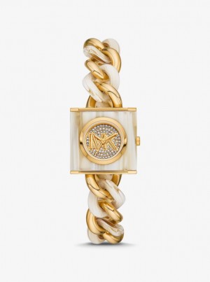 Michael Kors Petite Lock Pave Gold-Tone and Acetate Chain Watch Gold-tone Damen Horn | VT3671590