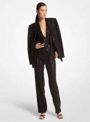 Michael Kors Pinstripe Sequined Crepe Boyfriend Blazer Jacken Damen Schwarz | GD0594216