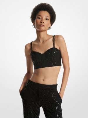 Michael Kors Pinstripe Sequined Crepe Bustier Top Oberteile Damen Schwarz | HW0876294