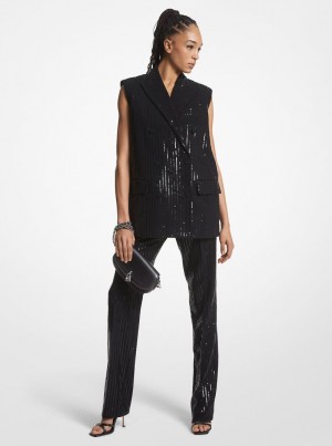 Michael Kors Pinstripe Sequined Crepe Sleeveless Blazer Jacken Damen Schwarz | VL3109478