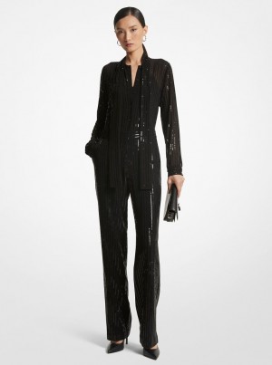 Michael Kors Pinstripe Sequined Georgette Jumpsuit Kleid Damen Schwarz | YP8295304