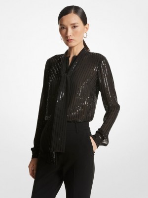 Michael Kors Pinstripe Sequined Georgette Tie-Neck Blouse Oberteile Damen Schwarz | LT5836407