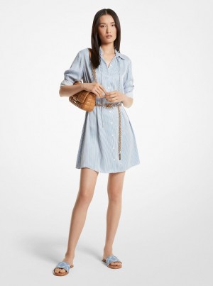 Michael Kors Pinstriped Satin Belted Shirtdress Kleid Damen Blueberry | GM0193758